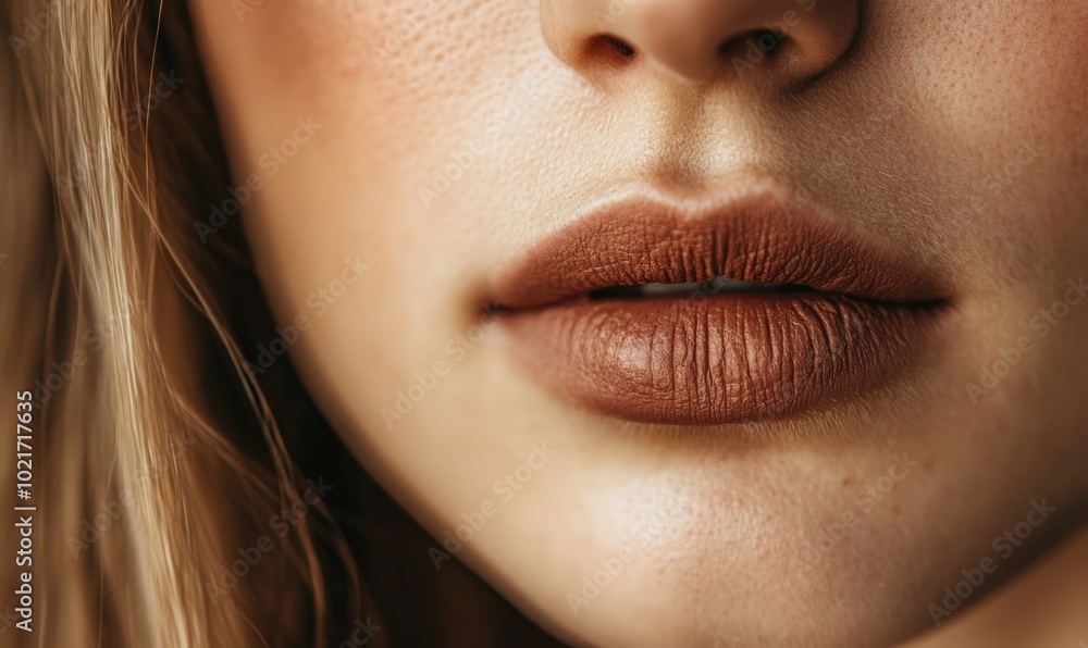 A woman's face with a brown lip color A woman's face with a brown lip color
