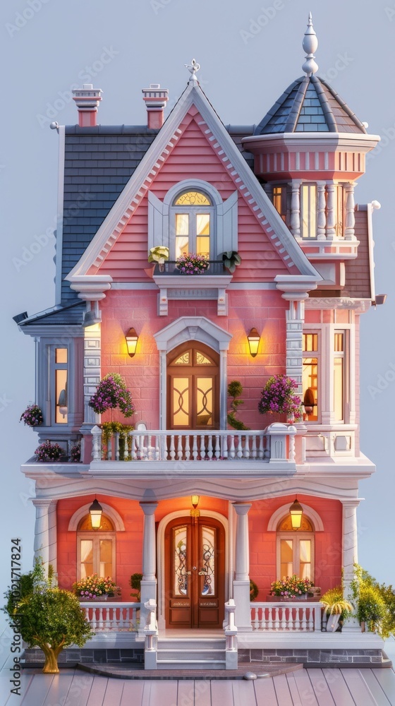 Fototapeta premium Pink Victorian Dollhouse Detailed Exterior