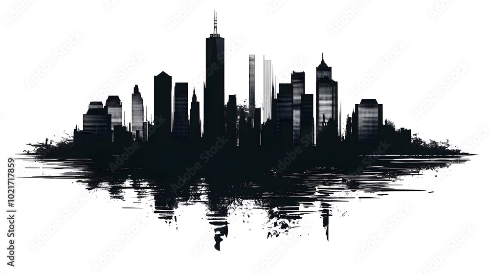 Obraz premium Black and white vector illustration of the New York City skyline, on a white background, with a minimalistic design featuring clean lines and a simple drawing style