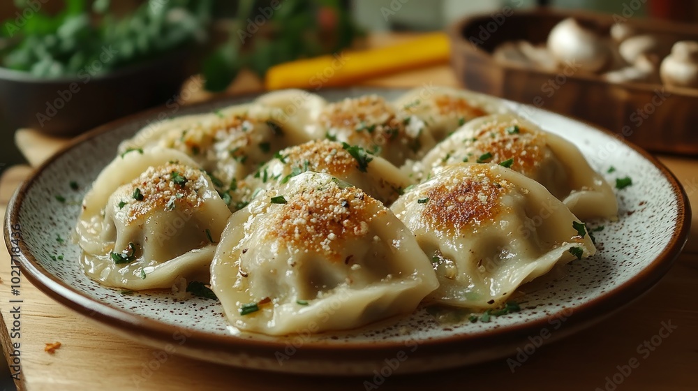 A plate of pan-fried dumplings topped with sesame seeds and chopped green onions. A plate of pan-fried dumplings topped with sesame seeds and chopped green onions.