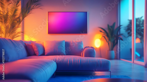 Modern Living Room with Couch and Palm Plants, 3D Render