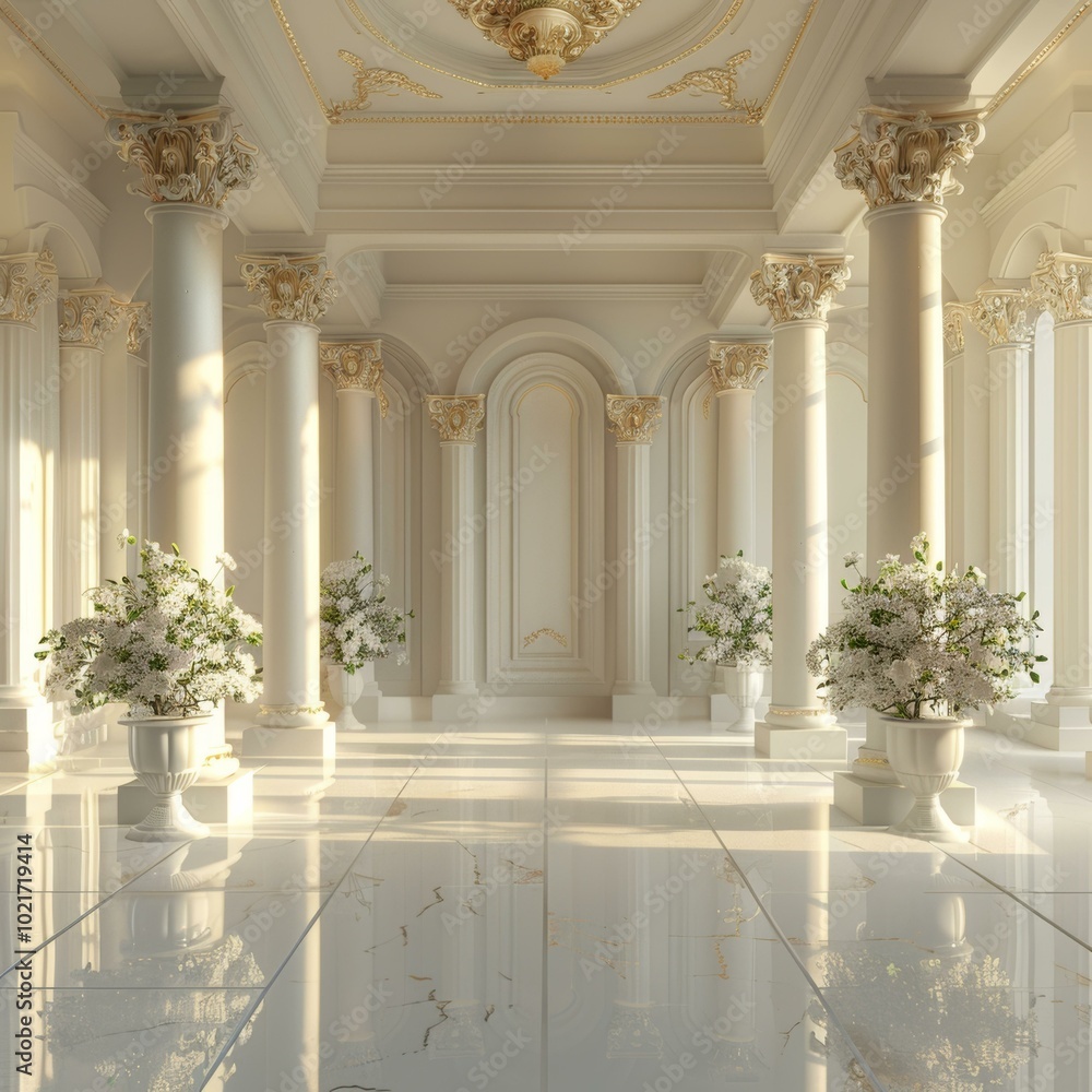 Fototapeta premium Elegant Classical Hallway with Columns and Flowers