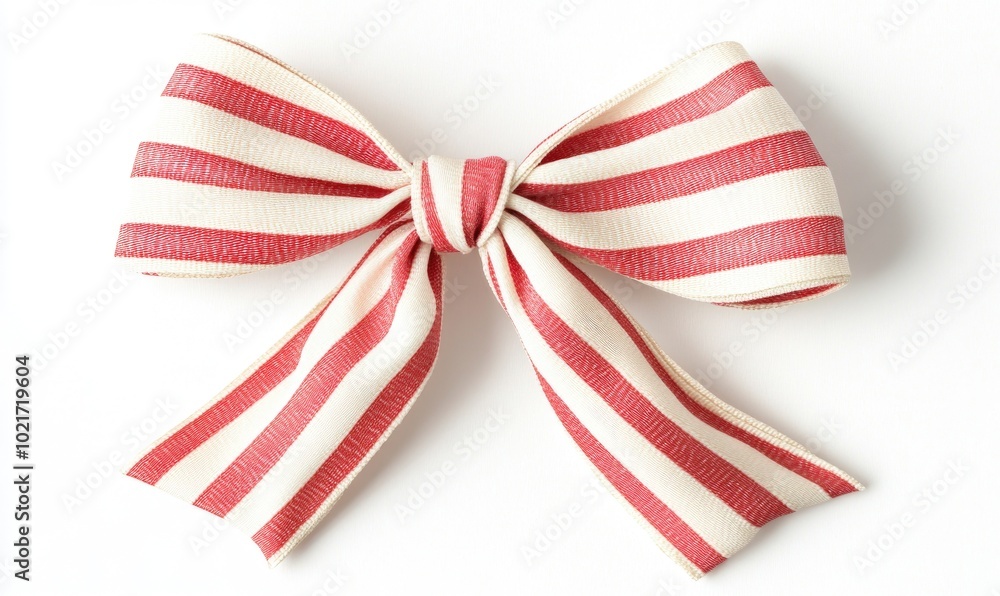 A red and white ribbon bow is tied in a knot A red and white ribbon bow is tied in a knot