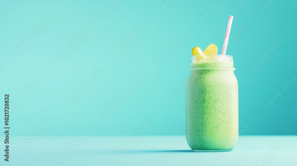 image of a freshly blended green fruit smoothie in a glass jar on a turquoise blue background. image of a freshly blended green fruit smoothie in a glass jar on a turquoise blue background.