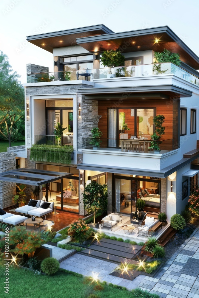 Modern Multi-story House Design with Lush Landscaping Modern Multi-story House Design with Lush Landscaping