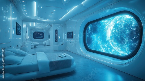 Futuristic spaceship interior with large windows overlooking a blue planet.