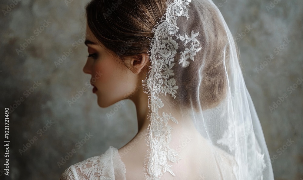 A woman wearing a white lace veil with a long train A woman wearing a white lace veil with a long train