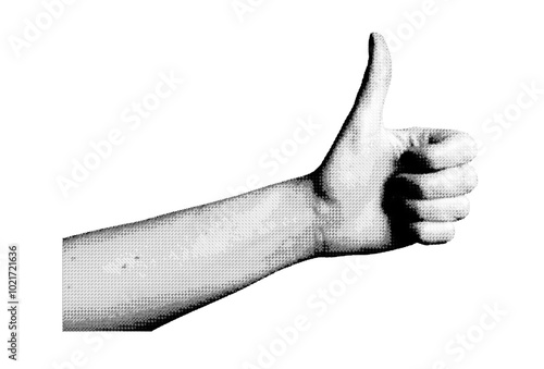 thumbup approve, thumb up sign. Halftone style vector isolated on white background.