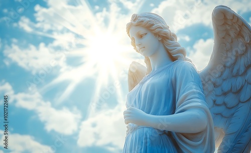 A blue angel with wings and a crown is standing in front of a blue sky. angel is surrounded by a bright light, which gives the image a sense of hope and positivity. heavenly concept. Blue background photo