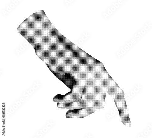 Hand gesture, sign, index finger indicating, clicking. Halftone style vector isolated on white background.