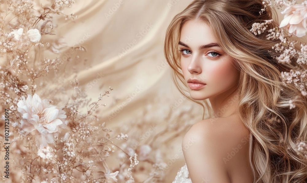 A woman with long blonde hair is standing in front of a floral background A woman with long blonde hair is standing in front of a floral background