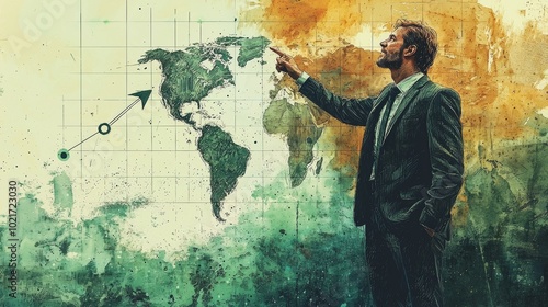 A suited man stands before a map with an upward arrow, representing international business progress and strategic growth in a textured, artistic style.