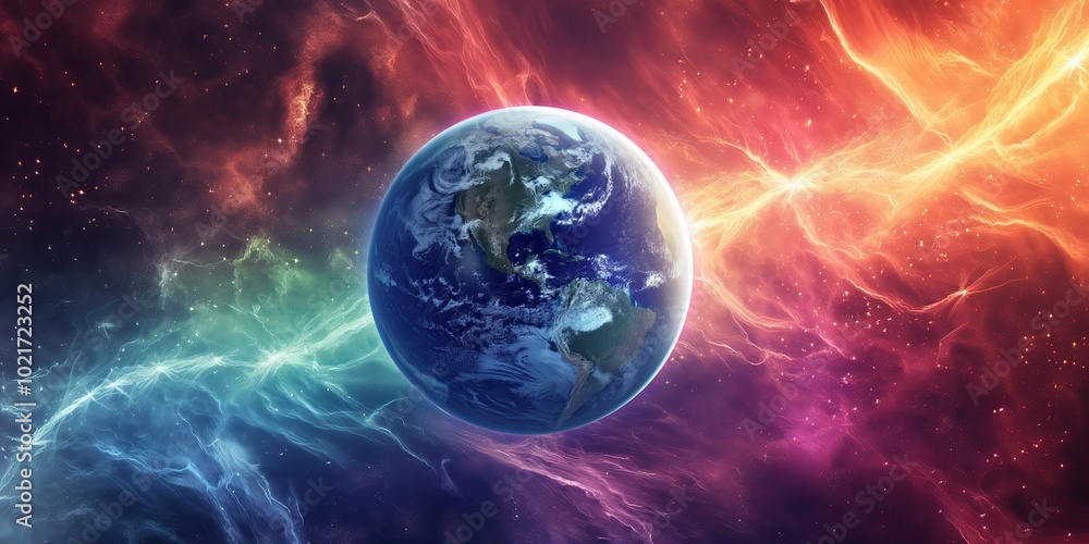 Naklejka premium Stunning illustration of Earth surrounded by a cosmic energy field with vibrant colors transitioning from cool blues to fiery reds, creating a mesmerizing effect