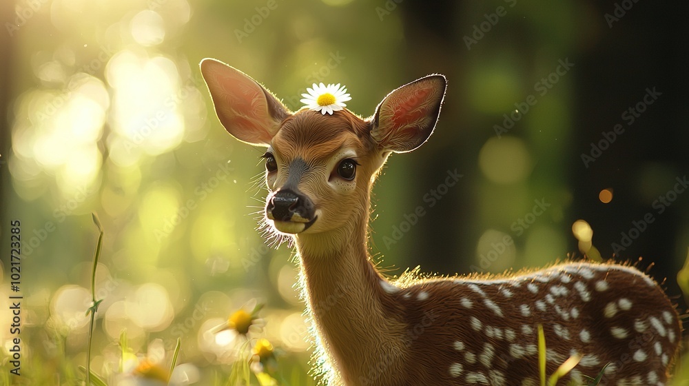 A close-up picture of a deer wearing a flower in the grass field A close-up picture of a deer wearing a flower in the grass field