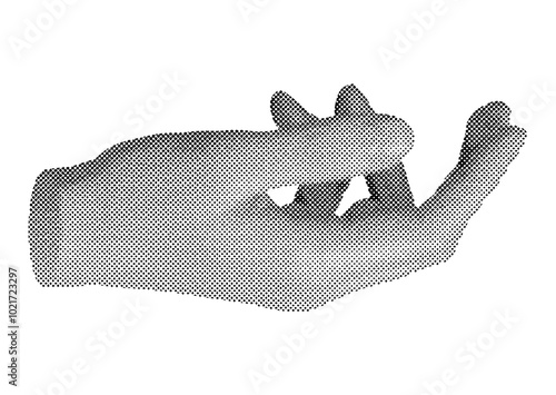 Hand reaching out, touching, palm gesture. Halftone style vector isolated on white background.