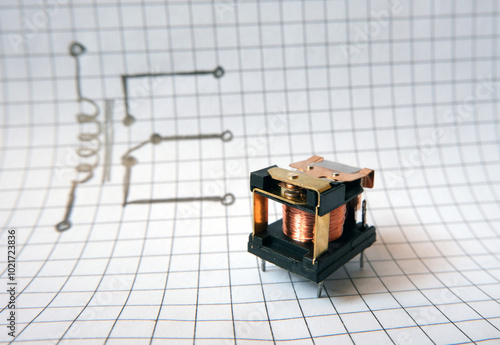 Photography Electromechanical relay in front of the drawn circuit structure