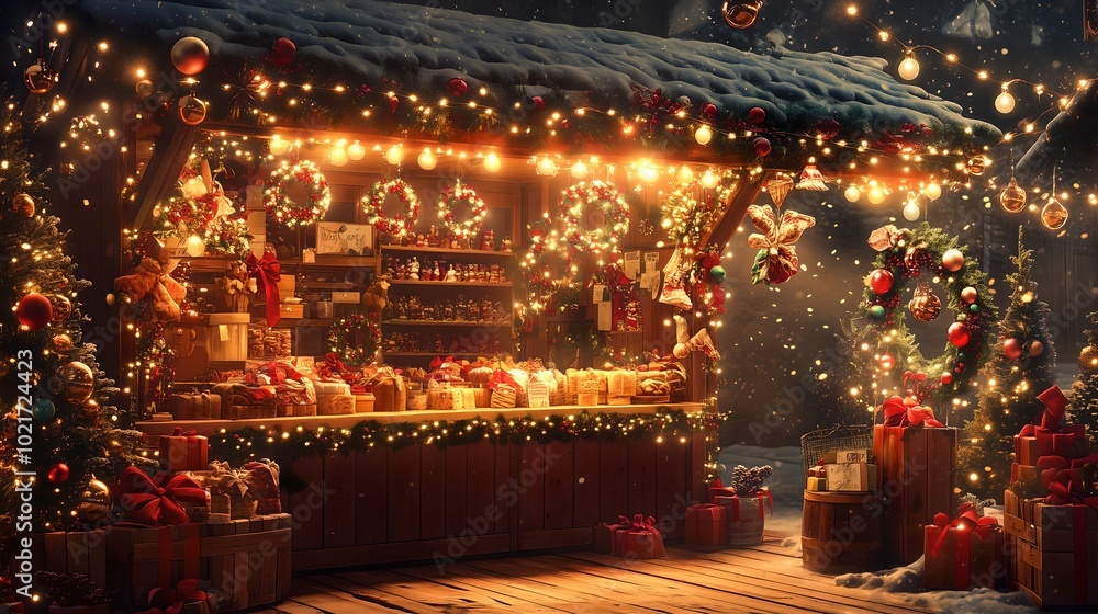 A traditional Christmas market stall selling handmade ornaments, wreaths, and holiday treats, with twinkling lights and festive decorations all around A traditional Christmas market stall selling handmade ornaments, wreaths, and holiday treats, with twinkling lights and festive decorations all around