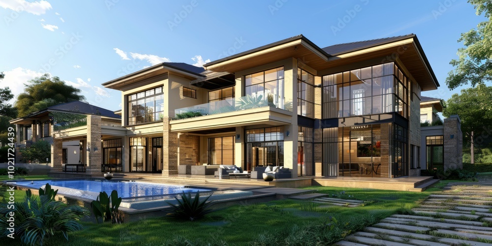 Fototapeta premium Modern Luxury House with Swimming Pool and Garden