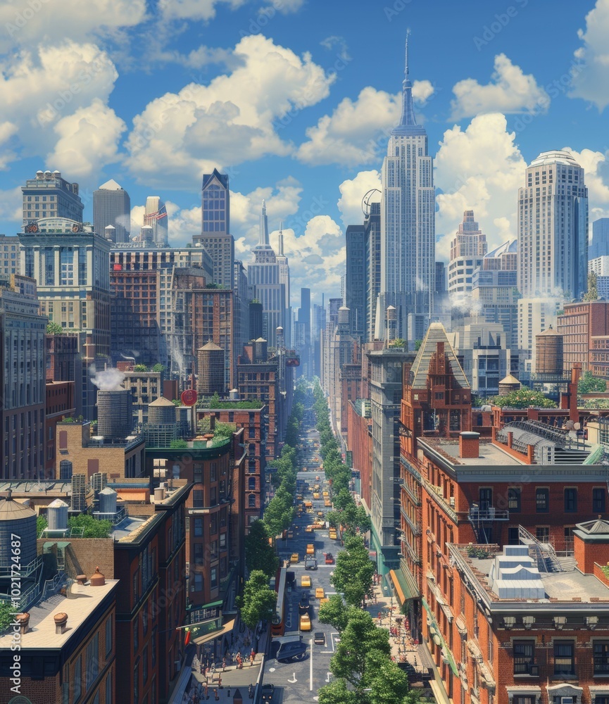 Obraz premium Cityscape Illustration of a Busy Urban Street