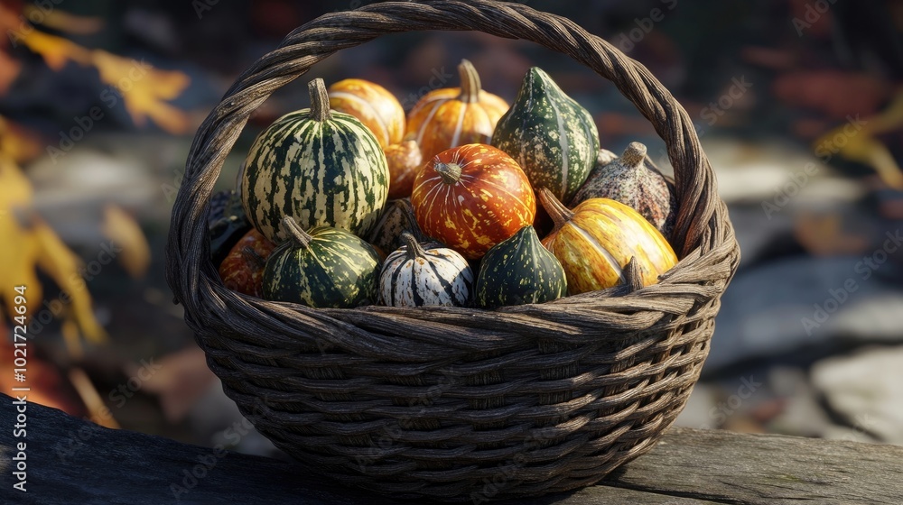 A small, rustic wicker basket filled with colorful gourds A small, rustic wicker basket filled with colorful gourds