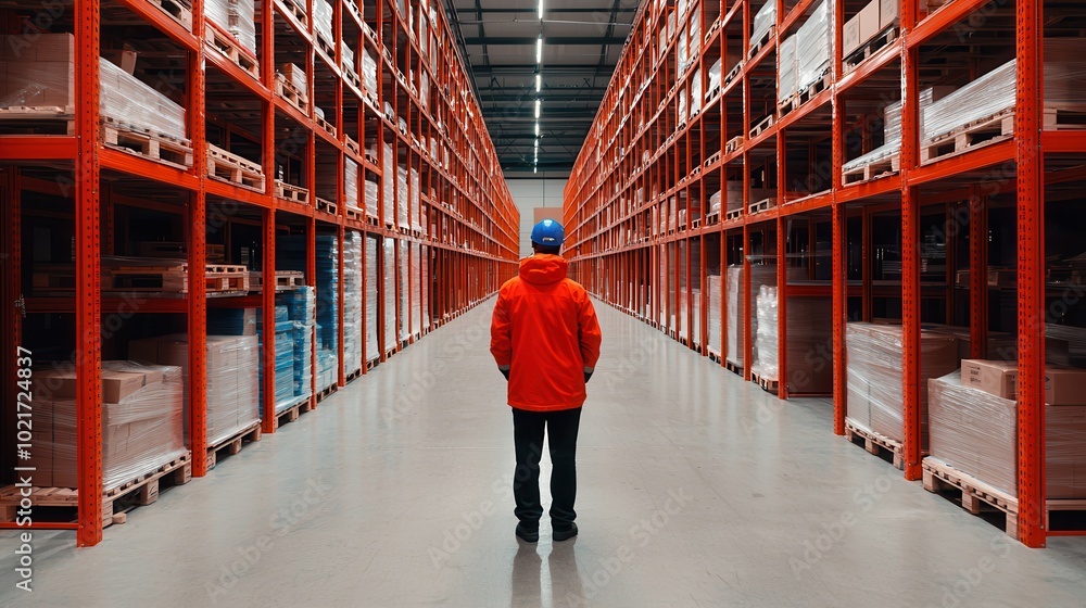 Obraz premium A worker in a bright orange jacket stands in a vast warehouse aisle, surrounded by neatly stacked shelves and products.