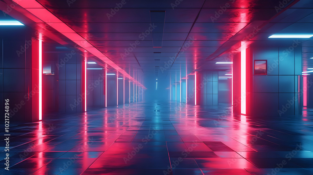 3D Futuristic Neon Corridor with Pink and Blue Lights 3D Futuristic Neon Corridor with Pink and Blue Lights