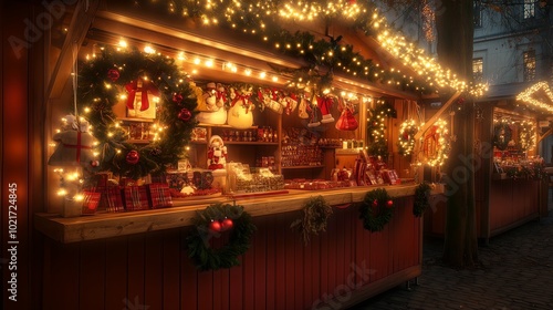 A traditional Christmas market stall selling handmade ornaments, wreaths, and holiday treats, with twinkling lights and festive decorations all around