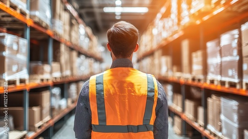 A warehouse worker surveys the space, wearing a safety vest, surrounded by shelves filled with packages.