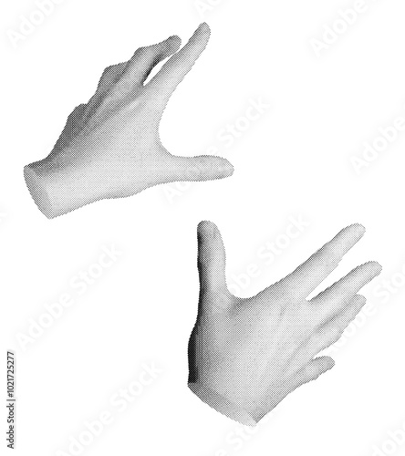 Two hands reaching out, stretching to something invisible, pov. Halftone style vector isolated on white background.