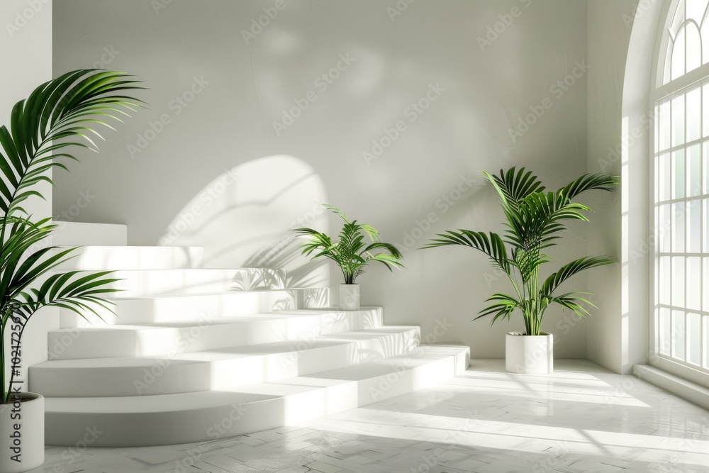 Modern Minimalist White Stairway Interior Scene Modern Minimalist White Stairway Interior Scene
