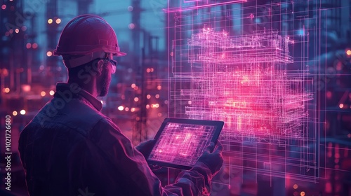 An engineer wearing a hard hat examines a glowing computer-generated blueprint on a tablet, showcasing industrial innovation and the future of construction technology. photo