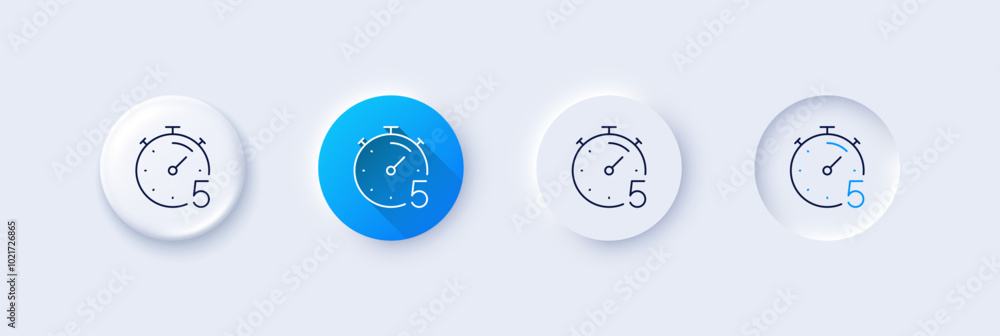 Timer 5 minutes line icon. Neumorphic, Blue gradient, 3d pin buttons. Stopwatch time sign. Countdown clock symbol. Line icons. Neumorphic buttons with outline signs. Vector Timer 5 minutes line icon. Neumorphic, Blue gradient, 3d pin buttons. Stopwatch time sign. Countdown clock symbol. Line icons. Neumorphic buttons with outline signs. Vector