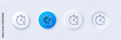 Timer 5 minutes line icon. Neumorphic, Blue gradient, 3d pin buttons. Stopwatch time sign. Countdown clock symbol. Line icons. Neumorphic buttons with outline signs. Vector