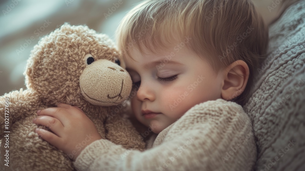 Toddler cuddling stuffed animal, childhood innocence and affection concept Generative AI Toddler cuddling stuffed animal, childhood innocence and affection concept Generative AI