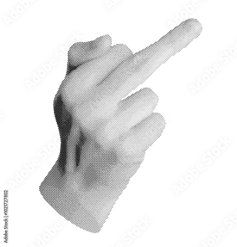 Rude gesture, symbol with middle finger, hand sign. Halftone style vector isolated on white background.