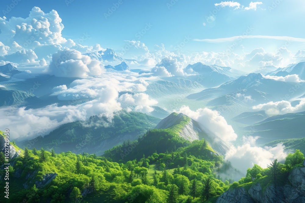 Obraz premium Majestic Mountain Scenery with Clouds and Lush Vegetation