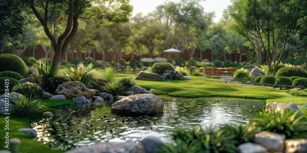 Fototapeta premium Digital Illustration of a Peaceful Japanese Garden