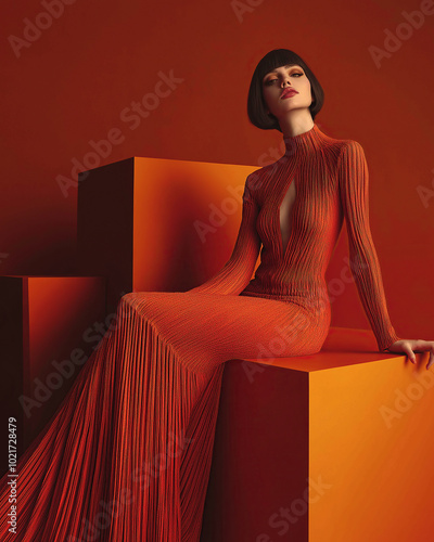 Fashion magazine concept. Arty portrait of beautiful female model wearing scarlet designer dress, sitting on orange cube. Haute couture style. Classic retro, vintage. Studio shot