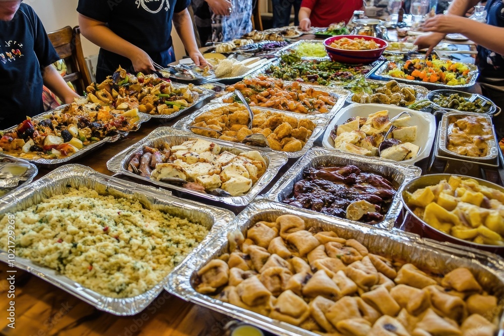 Fototapeta premium Vibrant buffet with diverse dishes showcasing global cuisine and culinary diversity