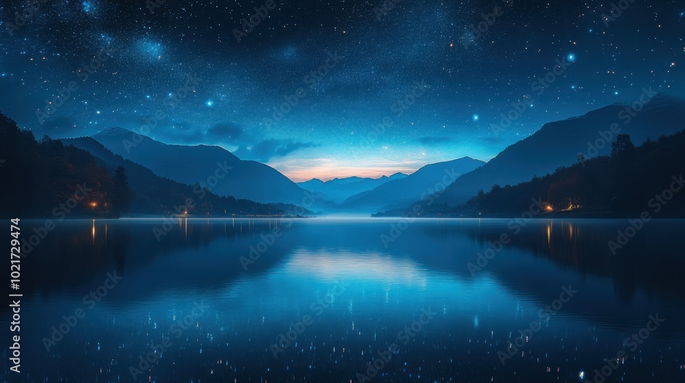 Starry night sky over a lake with mountains and trees Starry night sky over a lake with mountains and trees