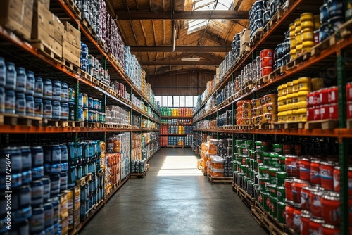 Rows of colorful canned goods on shelves in a warehouse.