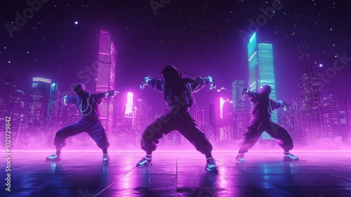 Futuristic Ninjas Practicing Martial Arts on Neon Rooftop