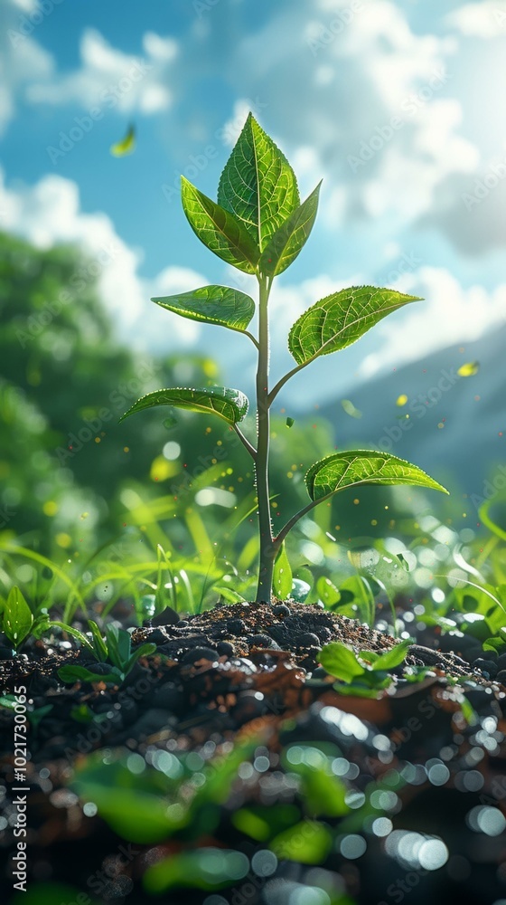 Green sprout growing from the soil towards the sunlight Green sprout growing from the soil towards the sunlight