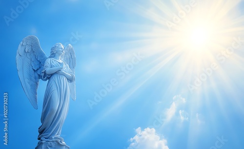 A blue angel with wings and a crown is standing in front of a blue sky. angel is surrounded by a bright light, which gives the image a sense of hope and positivity. heavenly concept. Blue background photo