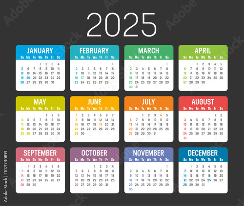 Colorful USA calendar set, year 2025 planner, dark background english language