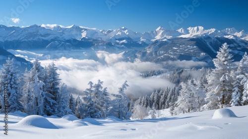 Winter wonderland landscape with snow-covered mountains and frosty pine trees, serene cloudy valley view, peaceful serene atmosphere perfect for inspirational greetings and holiday backgrounds.