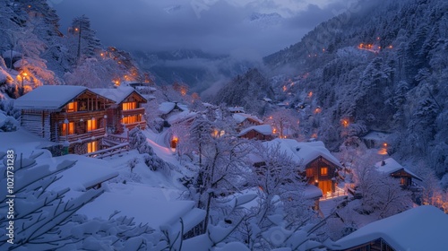 Scenic winter village adorned with glowing lights at dusk, tranquil snowy landscape, charming wooden cabins nestled among trees, magical holiday atmosphere, copy space. photo