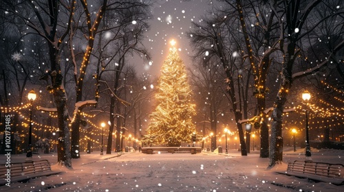 Illuminated Christmas tree stands majestically in snowy park, surrounded by softly glowing lanterns, gentle snowfall creates magical winter wonderland atmosphere, inviting holiday spirit.