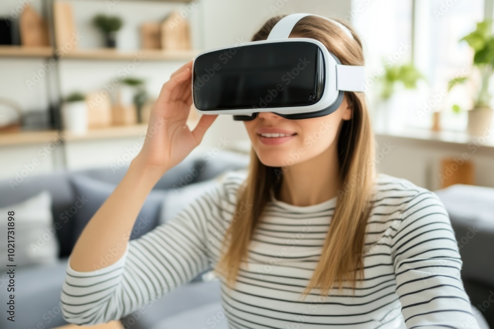 Woman immersed in virtual reality experience at home Woman immersed in virtual reality experience at home
