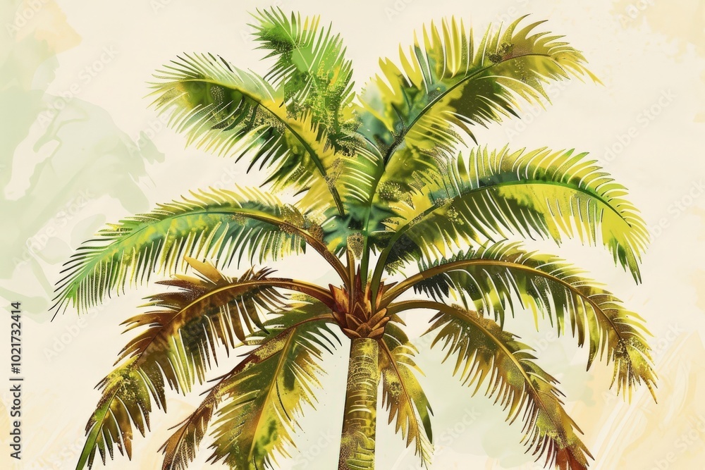 A drawing of a palm tree with a blue sky in the background, generative ai image